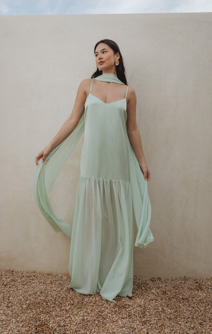 Dalia Maxi Dress ~ Pistachio Luxe Satin
