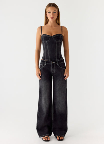 Nathan Denim Corset Top - Washed Black