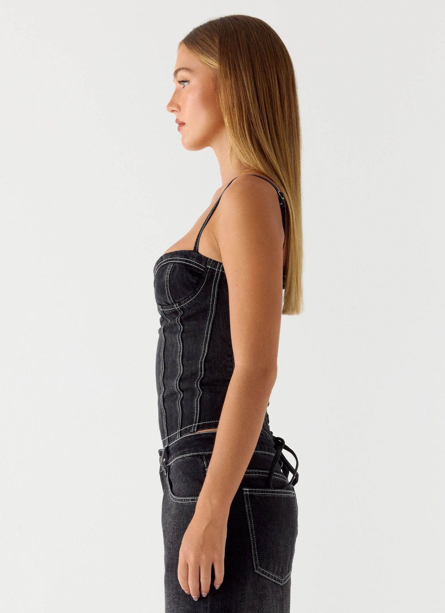 Nathan Denim Corset Top - Washed Black