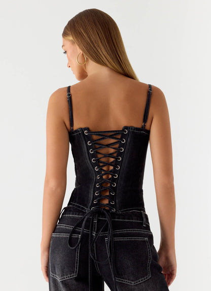 Nathan Denim Corset Top - Washed Black