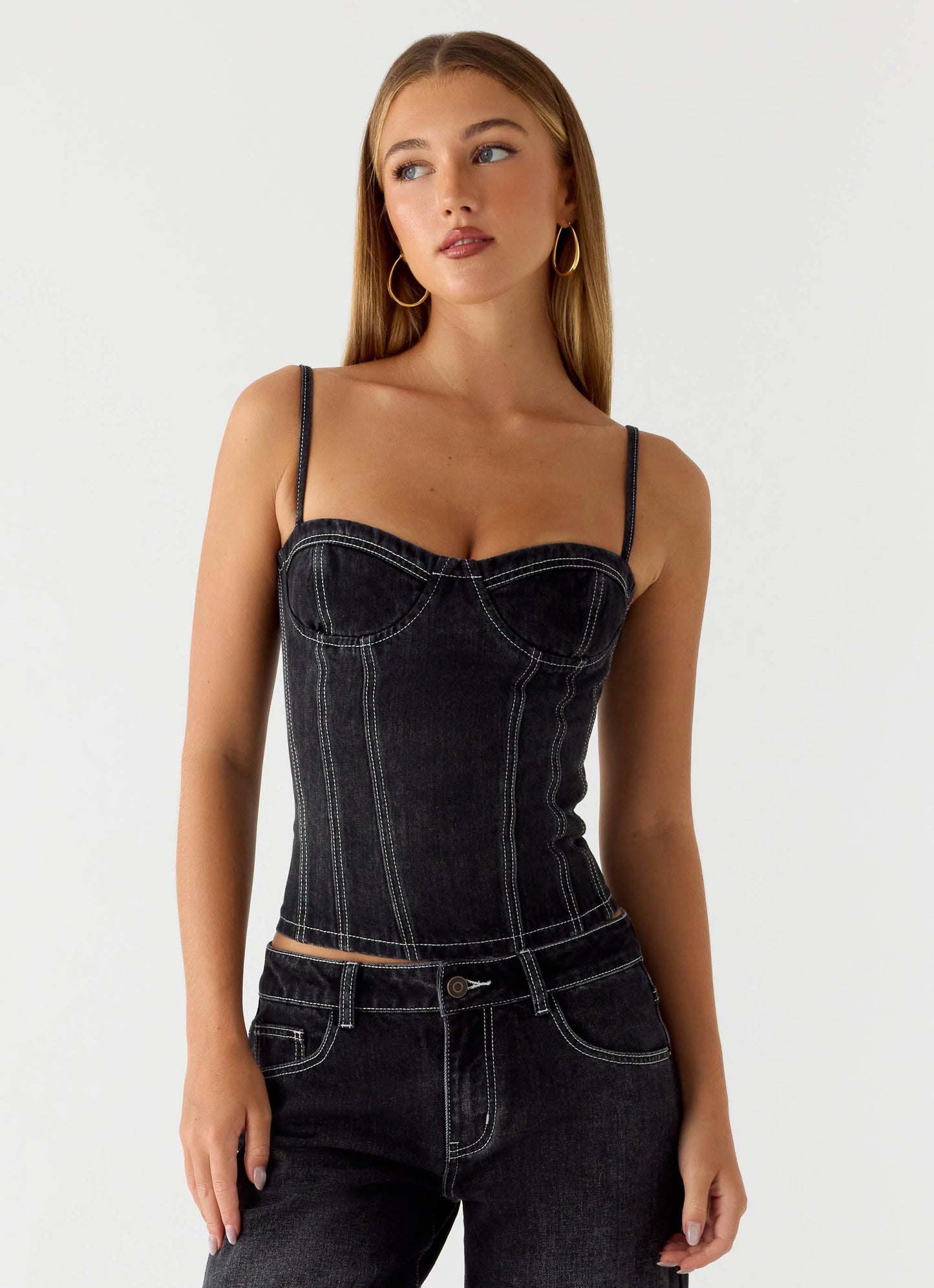 Nathan Denim Corset Top - Washed Black