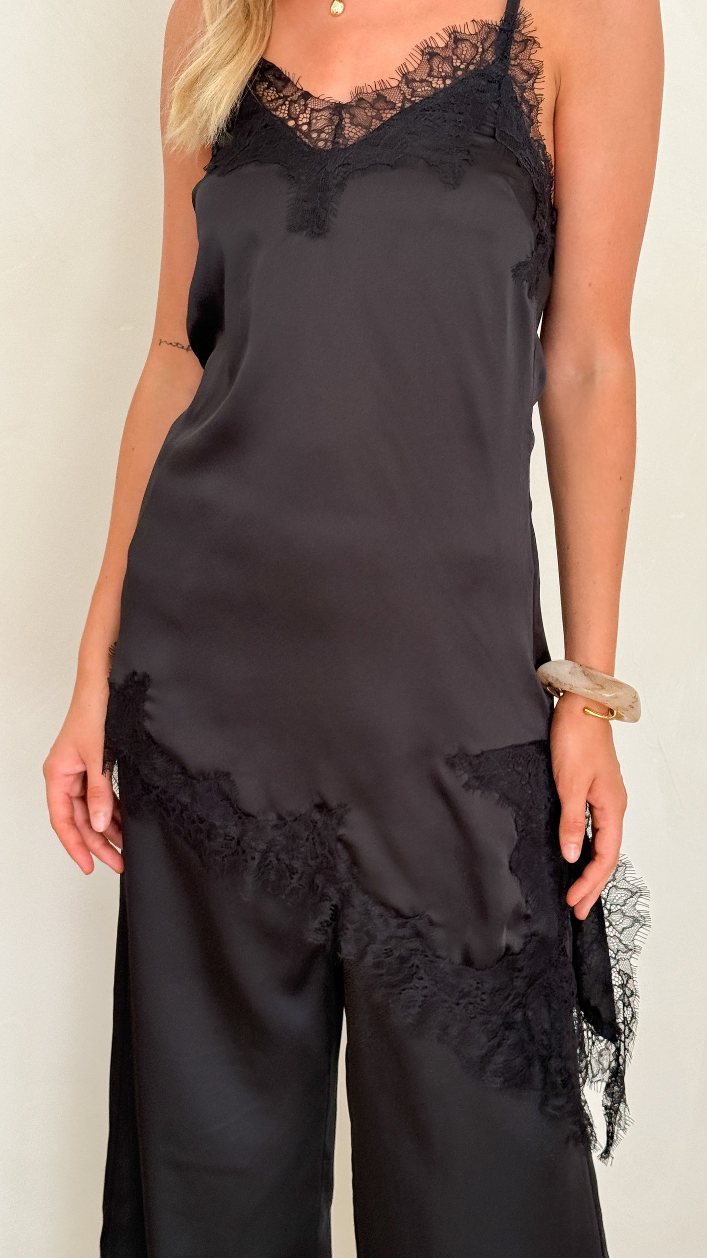 Hayleigh Asymmetrical Top and Pants Set - Black/Lace