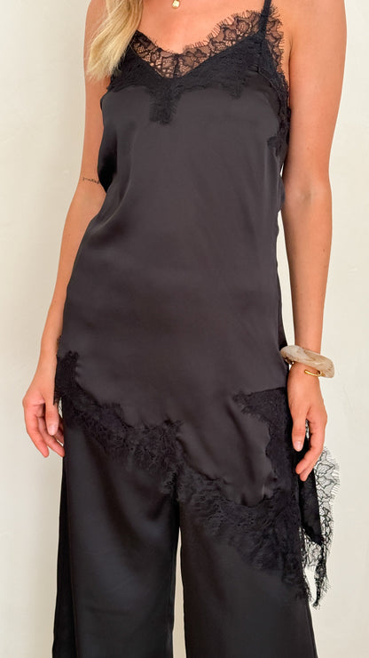Hayleigh Asymmetrical Top and Pants Set - Black/Lace