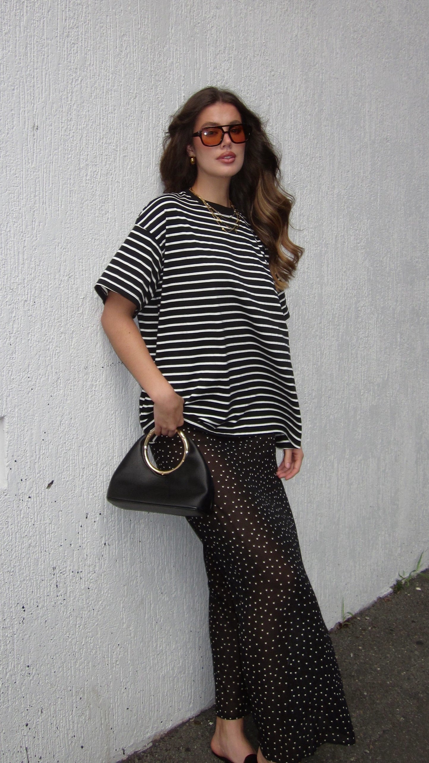Elisha T-Shirt and Sheer Maxi Skirt Set - White/Black Stripe and Polka Dot