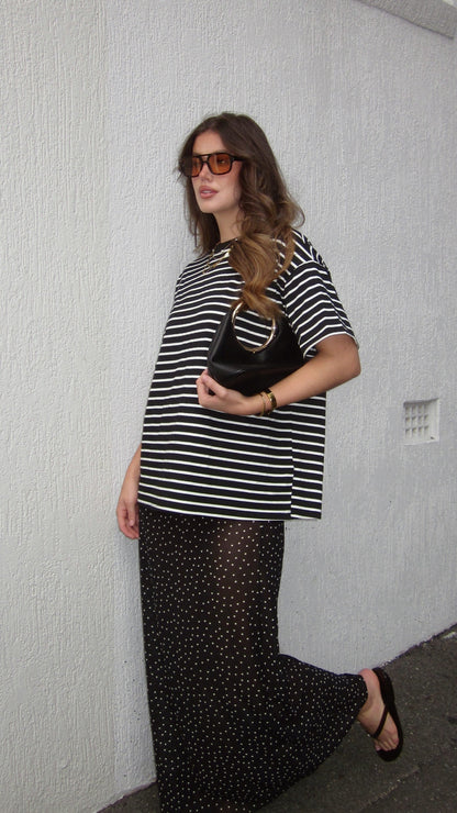 Elisha T-Shirt and Sheer Maxi Skirt Set - White/Black Stripe and Polka Dot