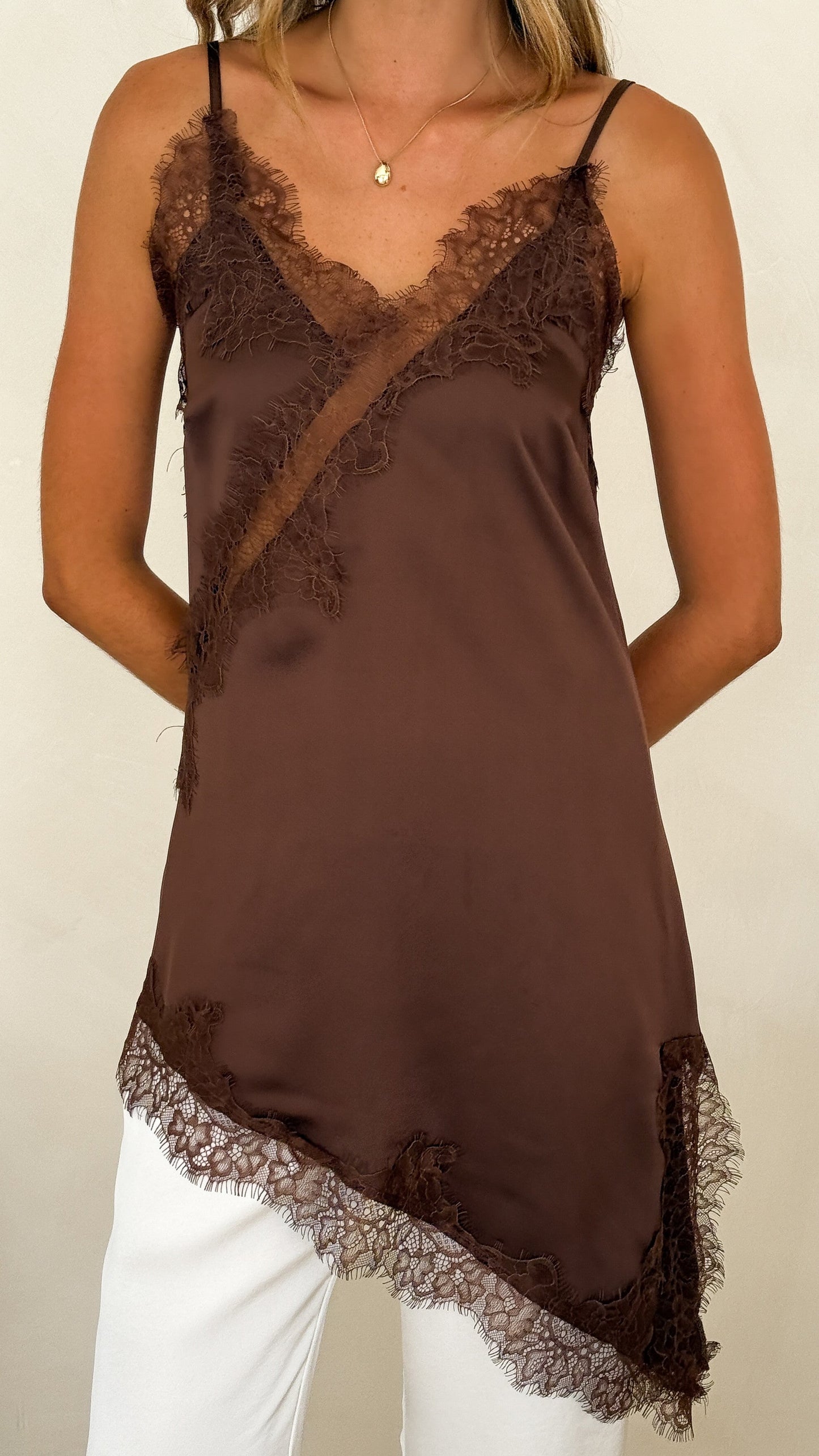 Sayuri Satin Lace Mini Tunic - Chocolate
