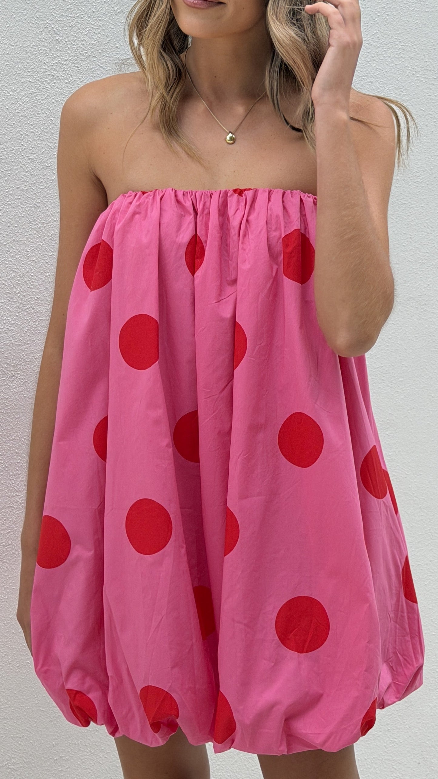 Everly Strapless Mini Dress - Pink/Red Polka