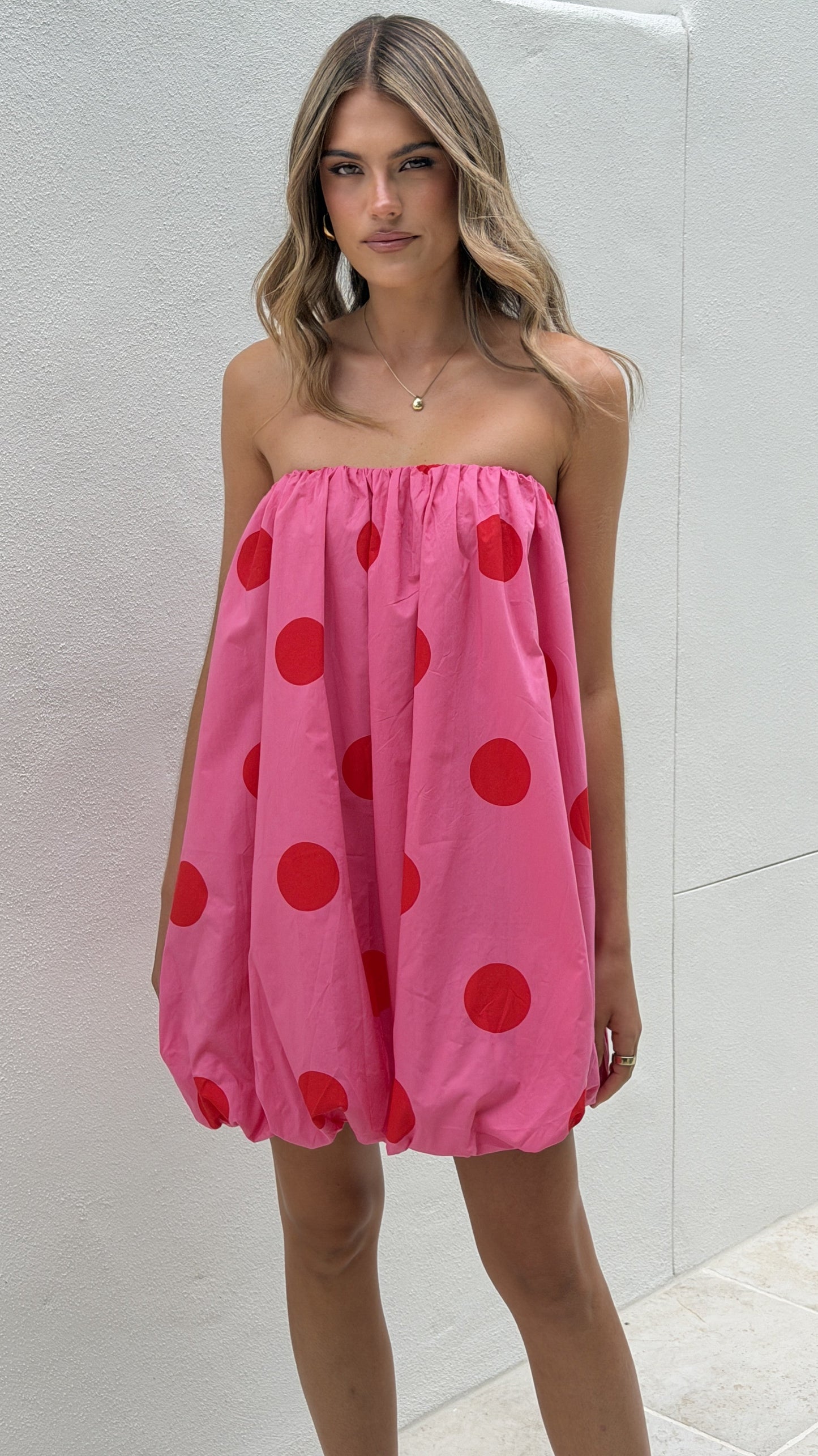 Everly Strapless Mini Dress - Pink/Red Polka