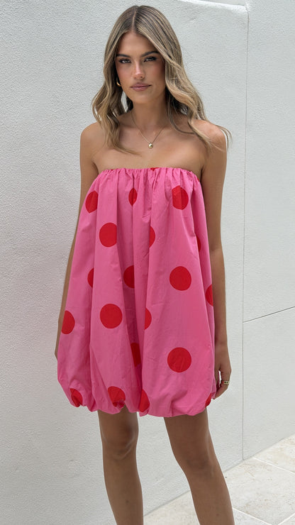 Everly Strapless Mini Dress - Pink/Red Polka