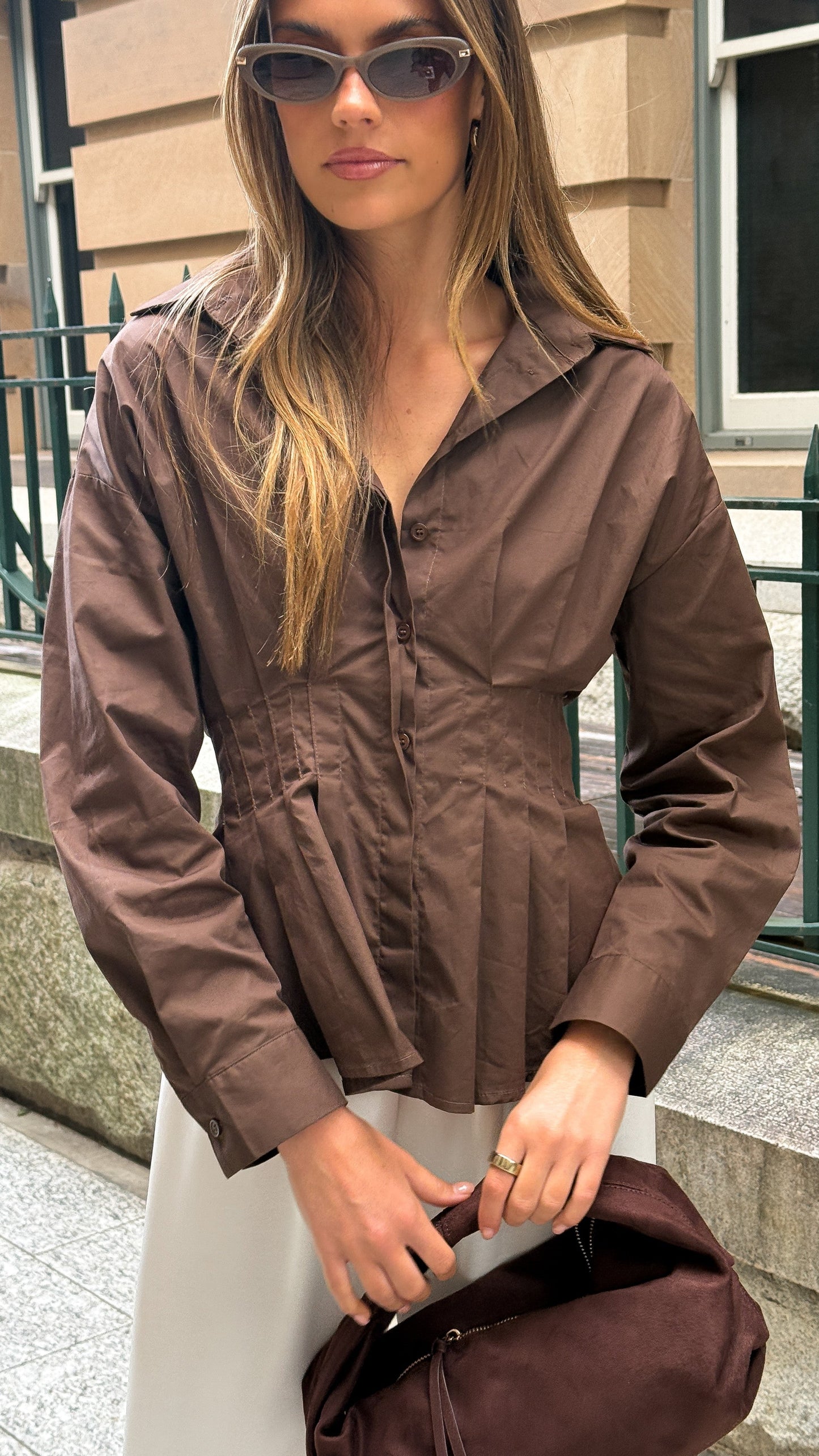Millie Pleated Shirt - Chocolate