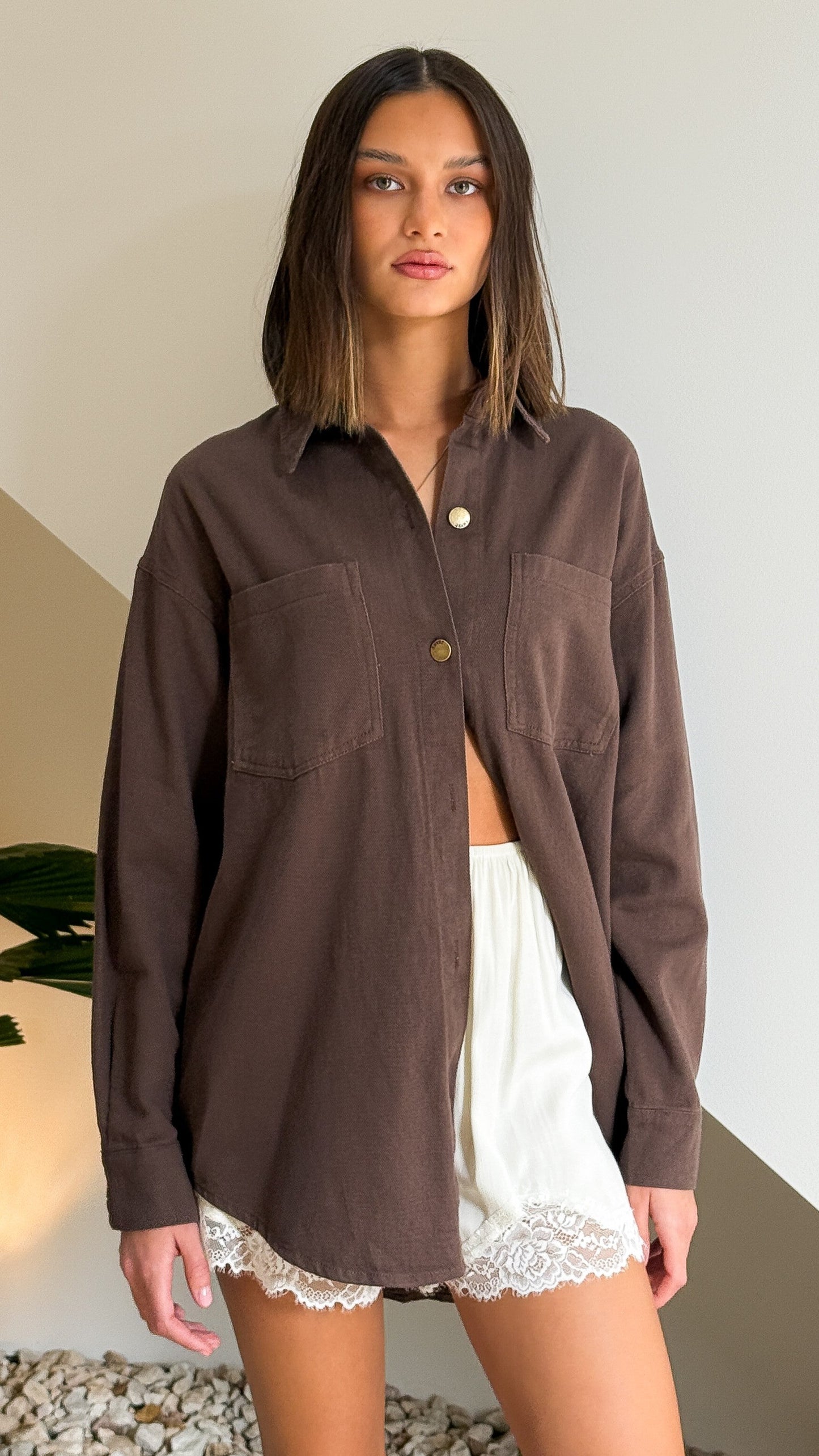 Helia Denim Shacket - Chocolate