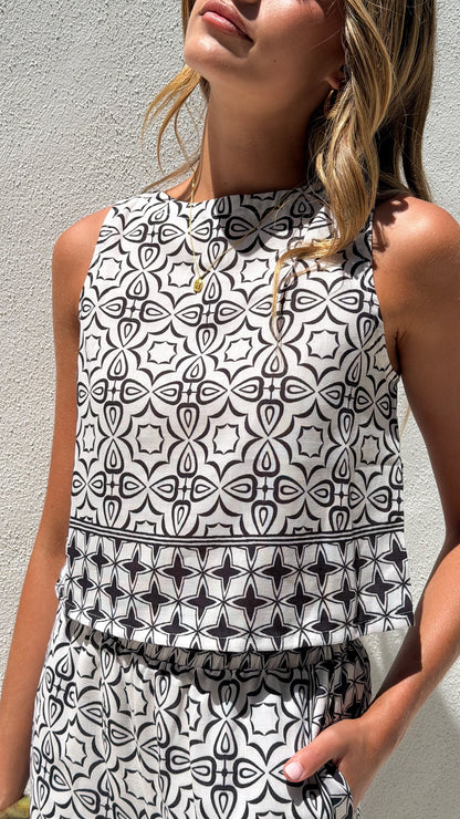 Ollie Crop Top - Black / White Print