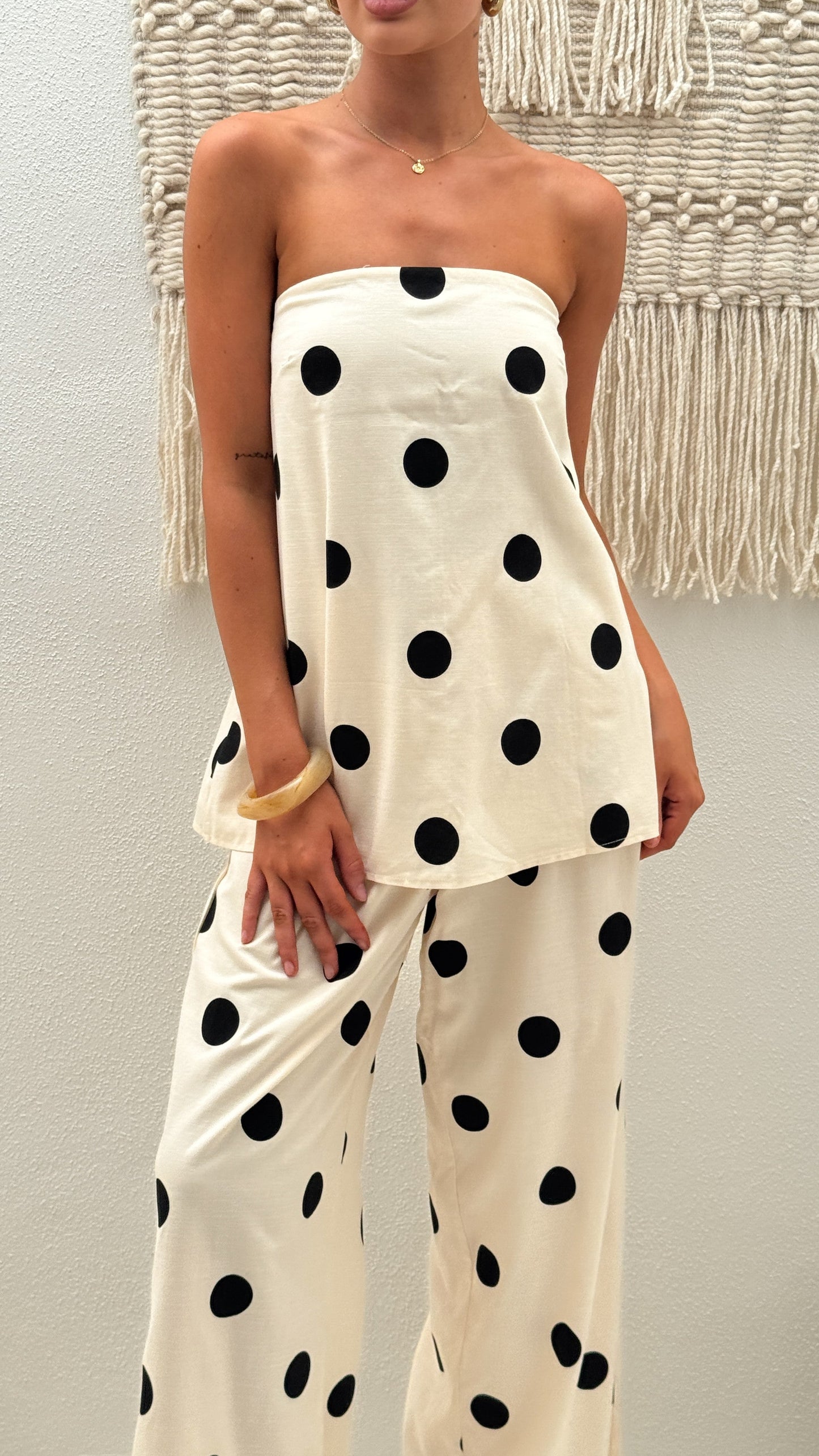 Hazelle Strapless Top - Beige/Black Polka Dot