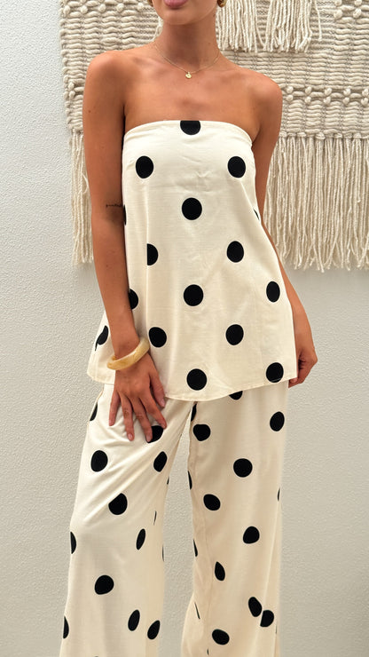 Hazelle Strapless Top - Beige/Black Polka Dot