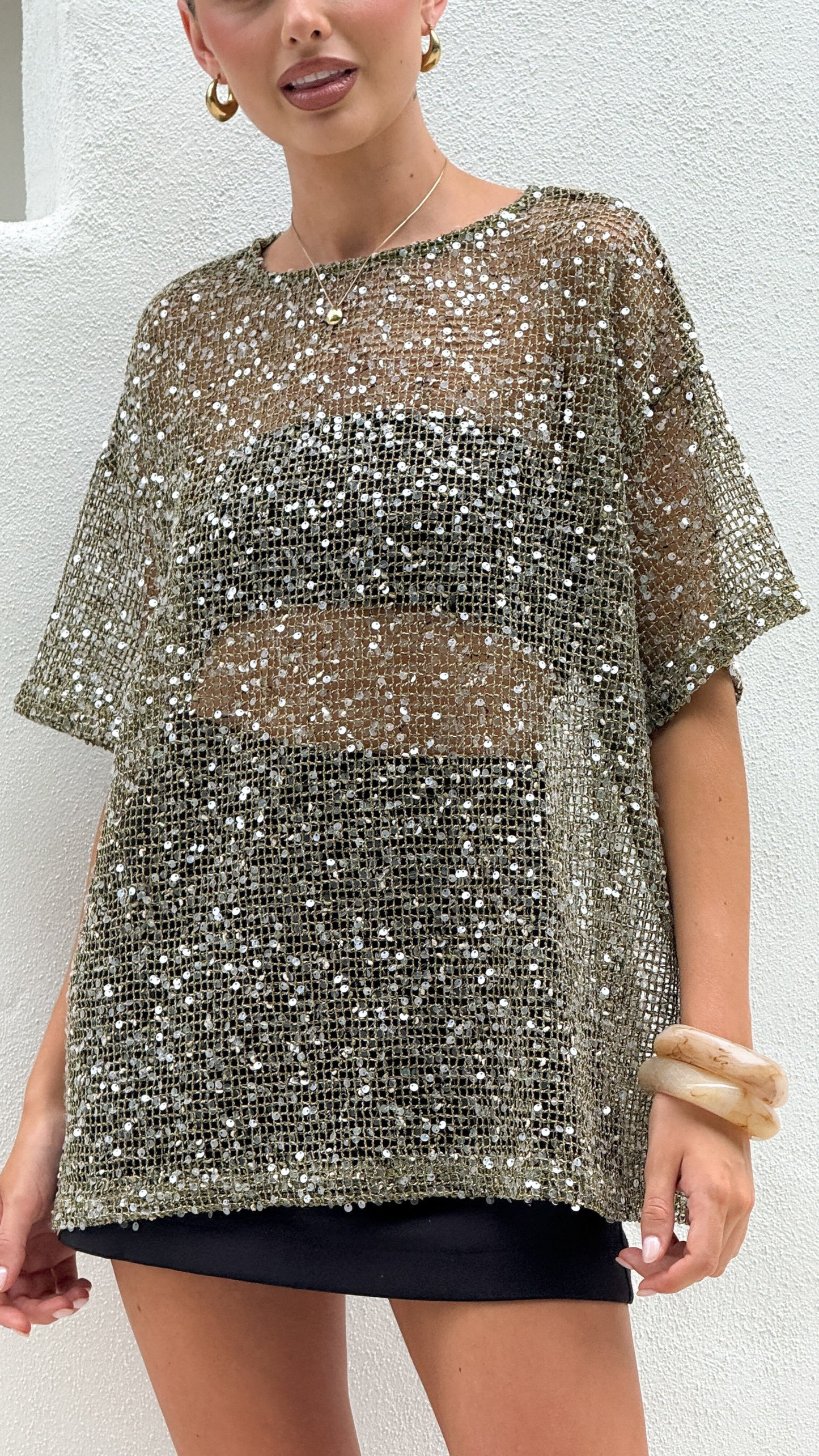 Zinnia Oversized Sequins Tee - Khaki
