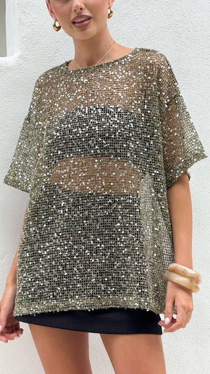 Zinnia Oversized Sequins Tee - Khaki