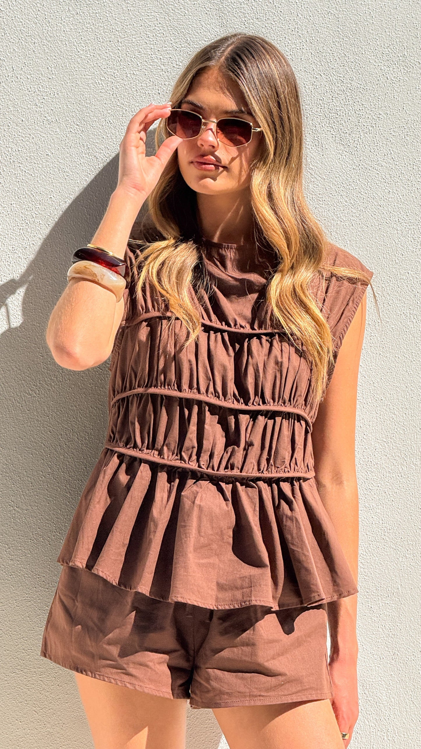 Cara Shirred Top and Shorts Set - Brown
