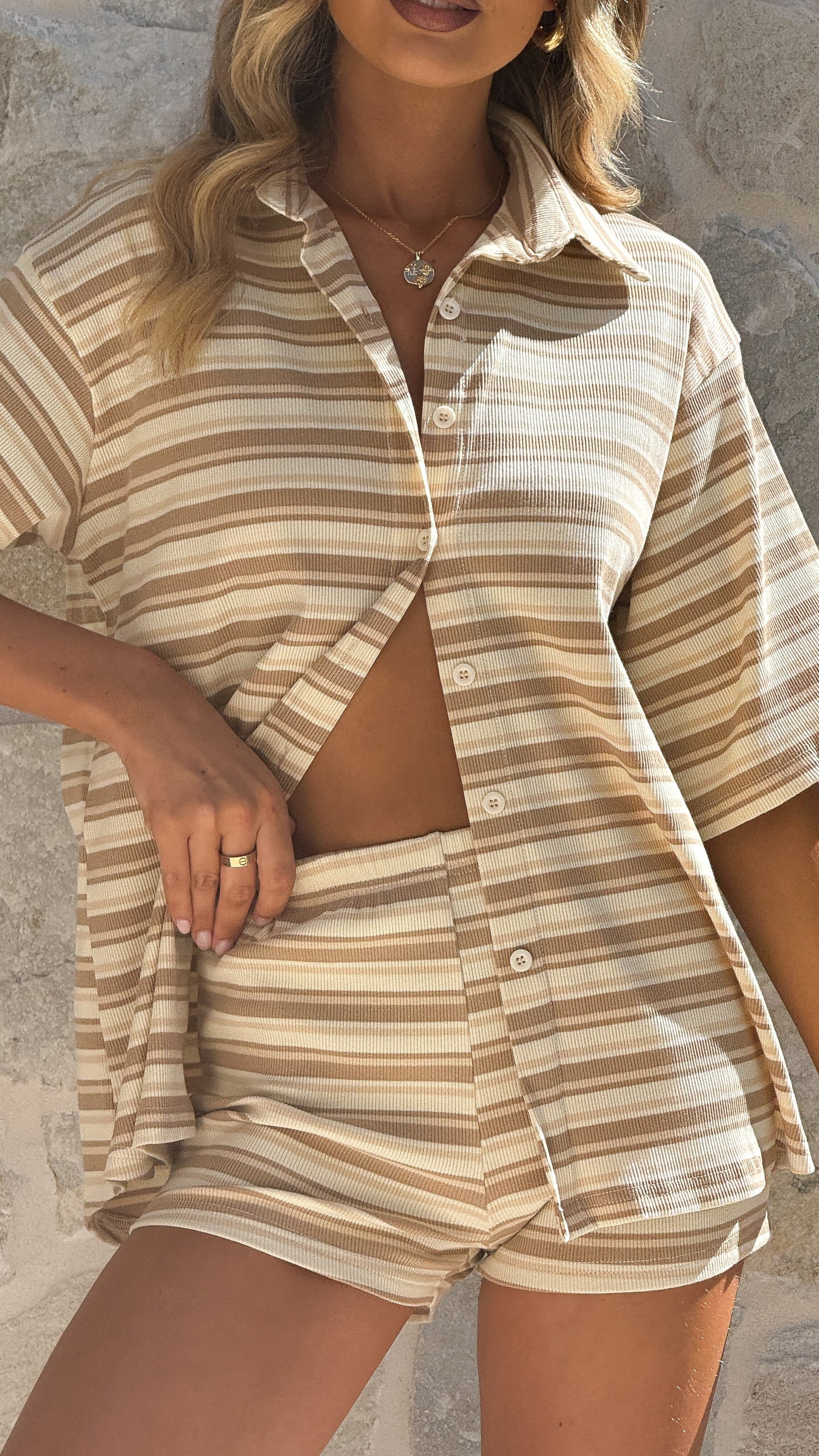 Sashi Button Up Shirt and Shorts Set - Beige Stripe