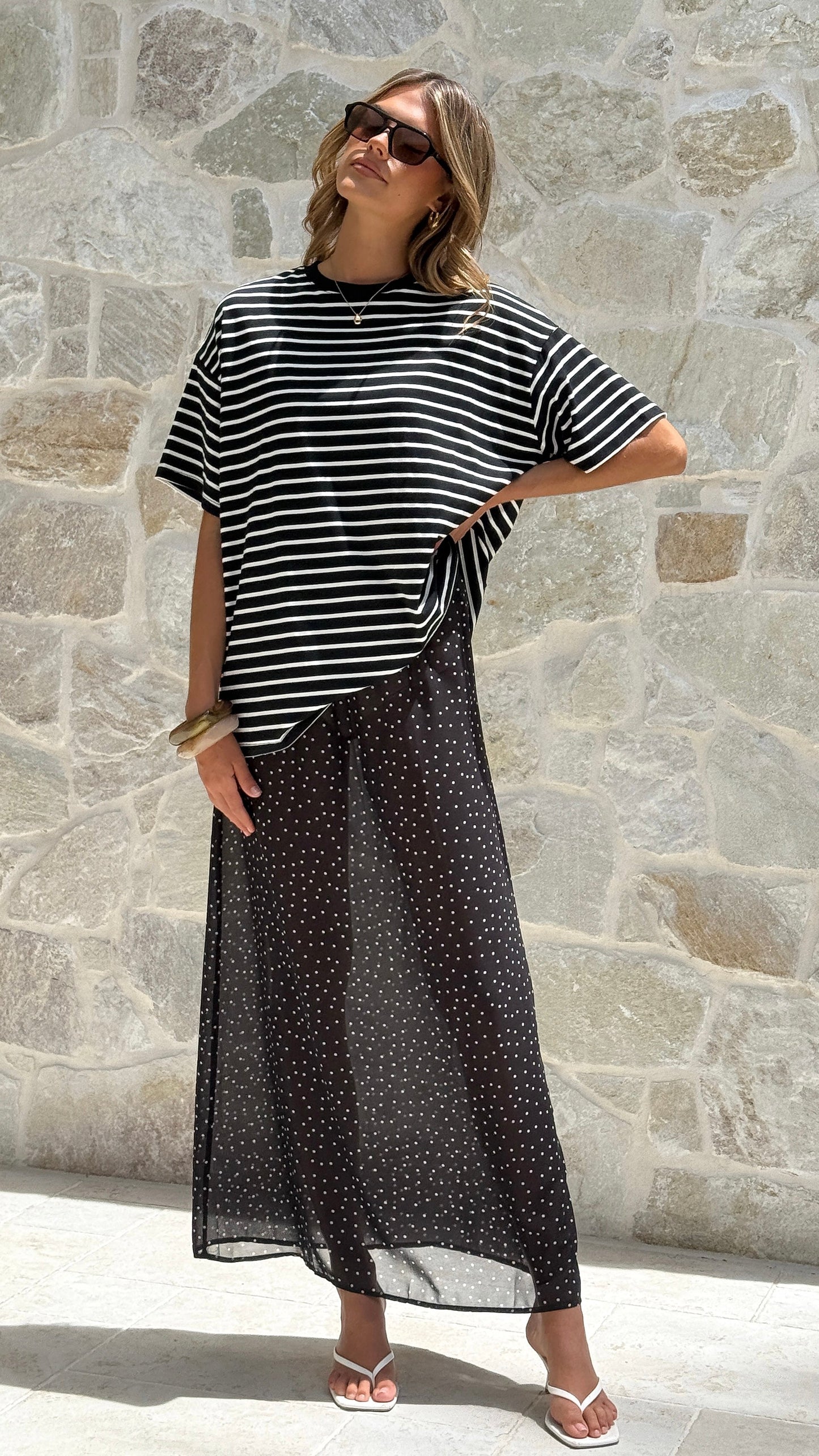 Elisha T-Shirt and Sheer Maxi Skirt Set - White/Black Stripe and Polka Dot