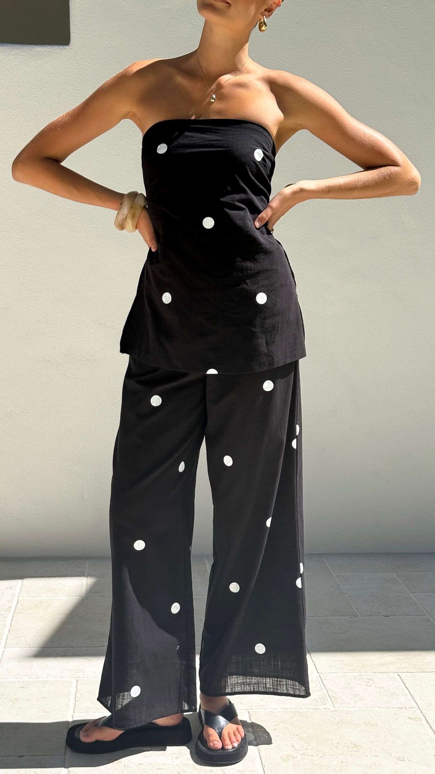 Kailani Strapless Top and Pants Set - Black/White Polka