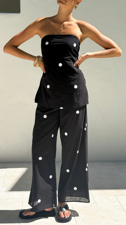 Kailani Strapless Top and Pants Set - Black/White Polka