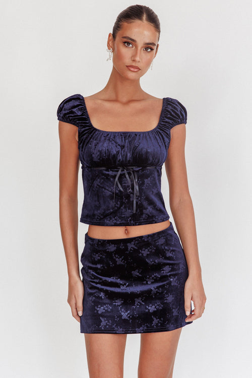 Good Luck Ribbon Trim Velvet Top Navy