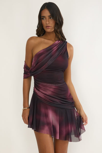 Anaisa One-Shoulder Draped Mini Dress Print Wine