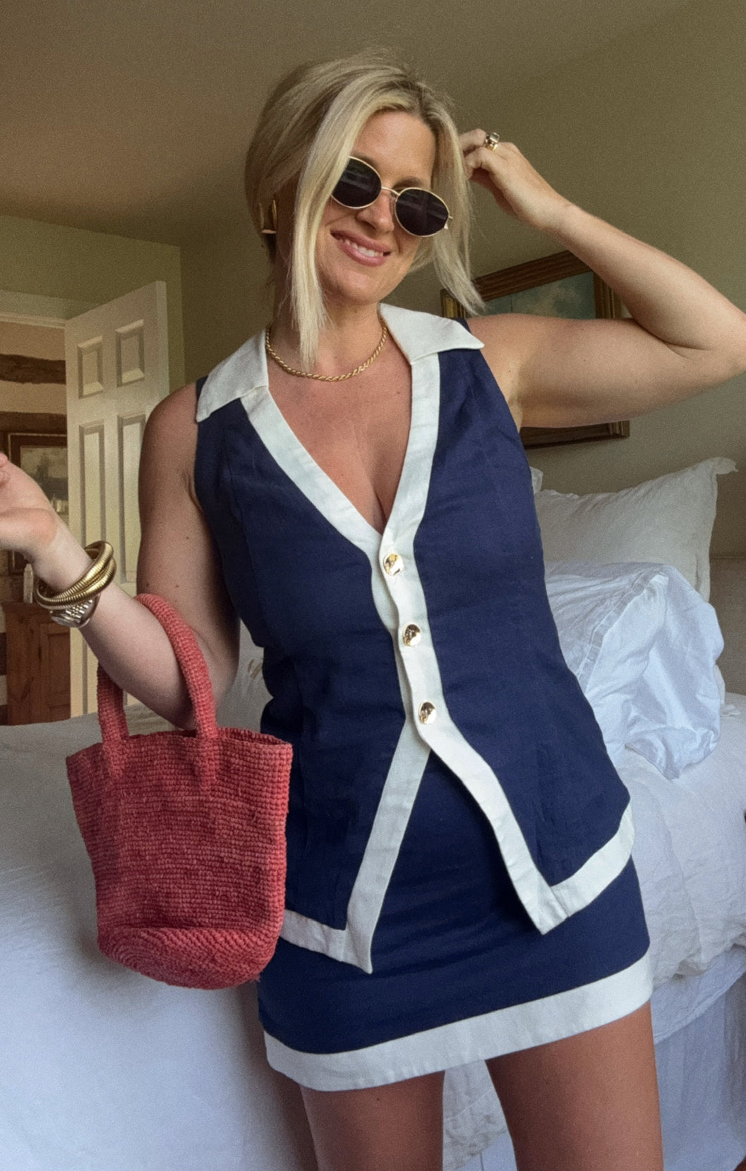 Colby Vest Top ~ Navy and White Linen