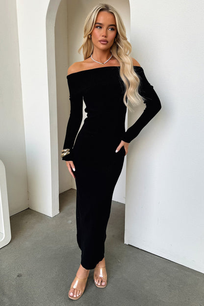 Aaliyah Off Shoulder Knit Maxi Dress - Black