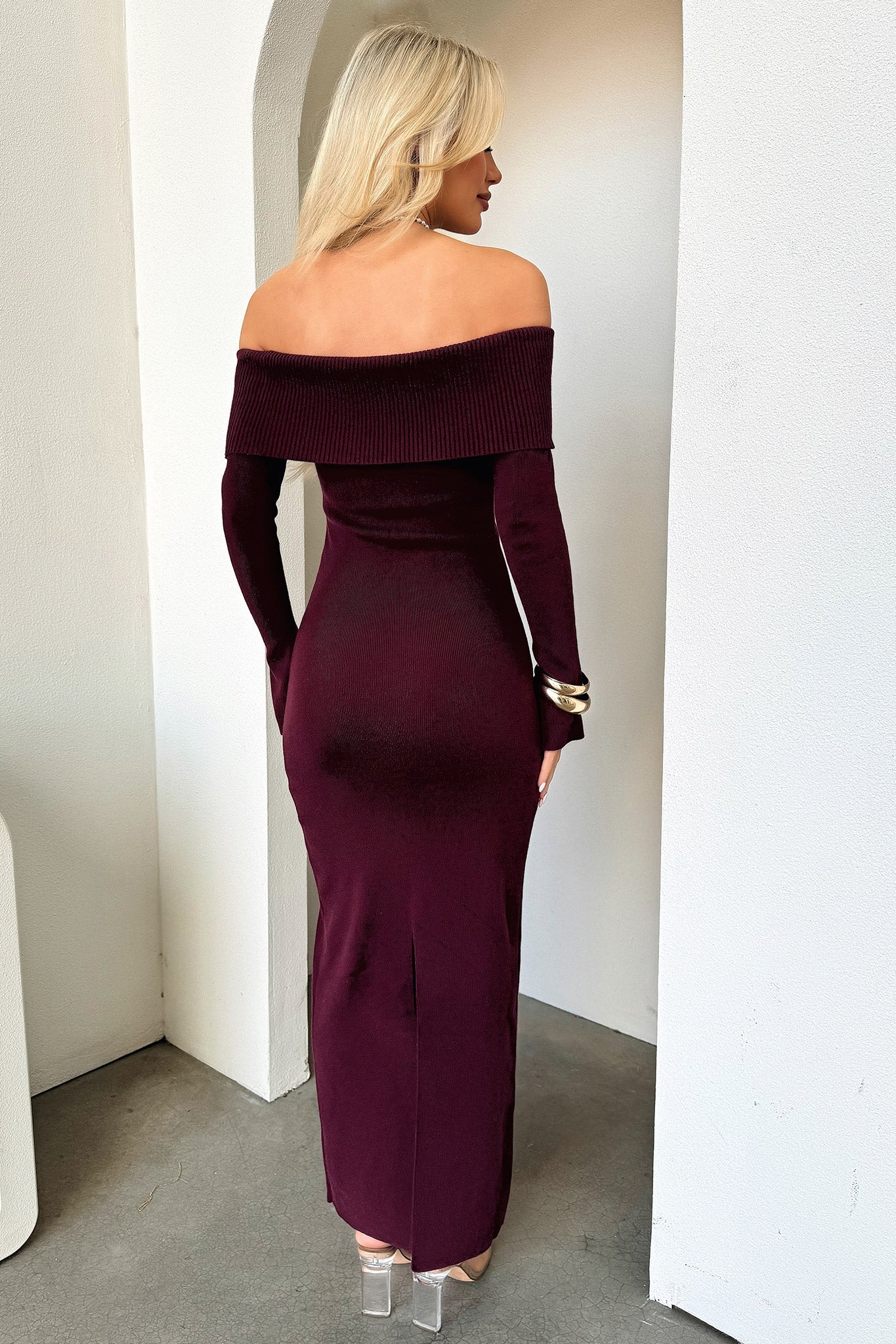 Aaliyah Off Shoulder Knit Maxi Dress - Burgundy