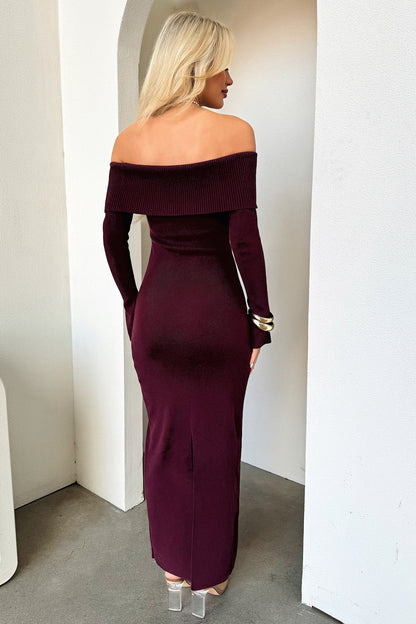 Aaliyah Off Shoulder Knit Maxi Dress - Burgundy