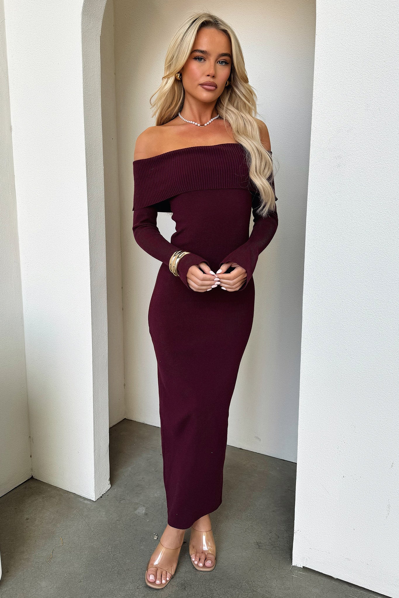 Aaliyah Off Shoulder Knit Maxi Dress - Burgundy