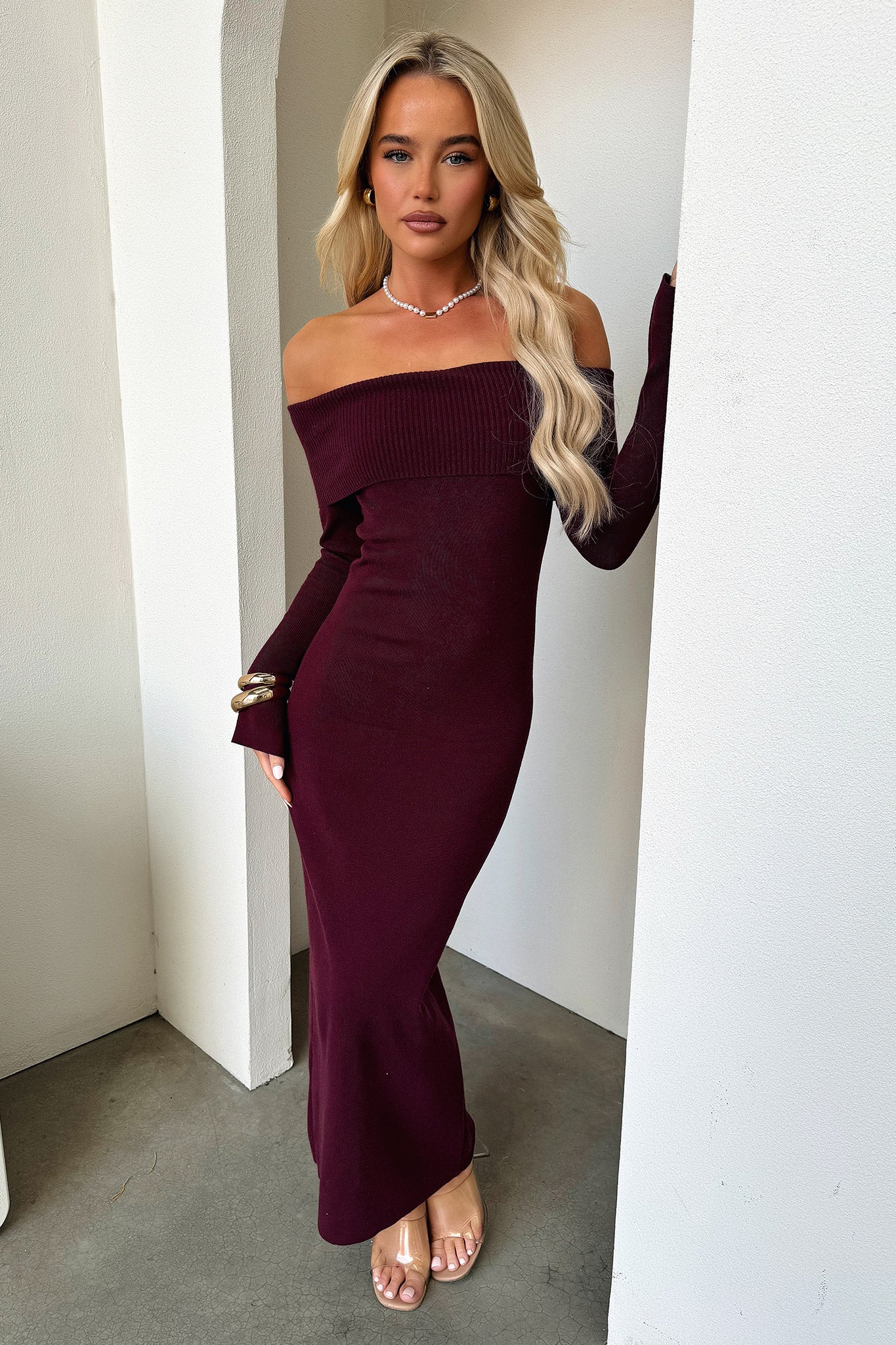 Aaliyah Off Shoulder Knit Maxi Dress - Burgundy