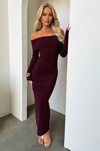 Aaliyah Off Shoulder Knit Maxi Dress - Burgundy