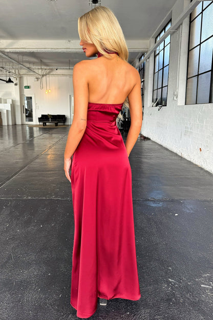 Arabelle High Neck Satin Maxi Dress - Burgundy