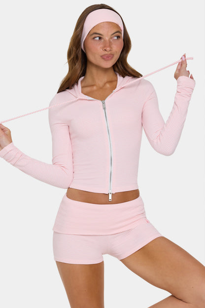 Ribbed Jersey Cropped Hoodie in Peach Stripe