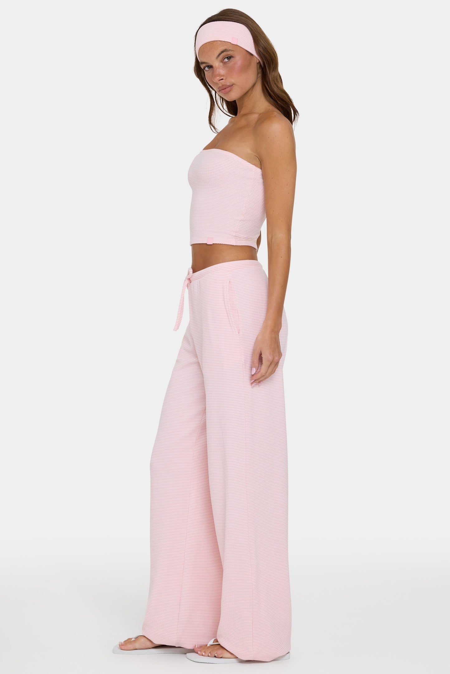 Ribbed Jersey Low-Rise Trousers in Peach Stripe