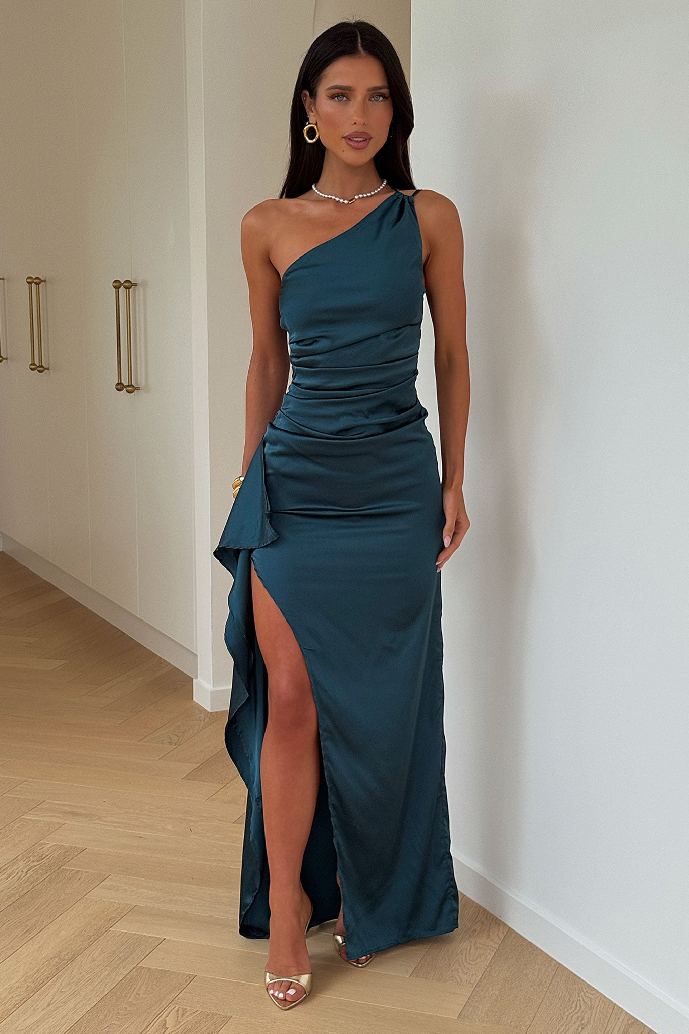 Elianna One Shoulder Satin Maxi Dress - Teal