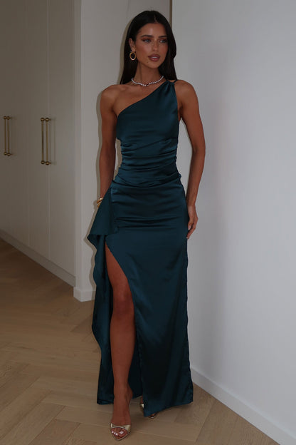 Elianna One Shoulder Satin Maxi Dress - Teal