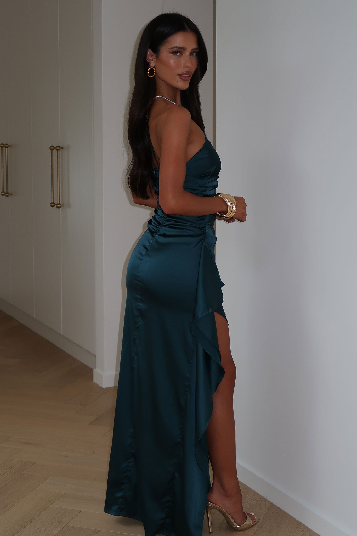 Elianna One Shoulder Satin Maxi Dress - Teal