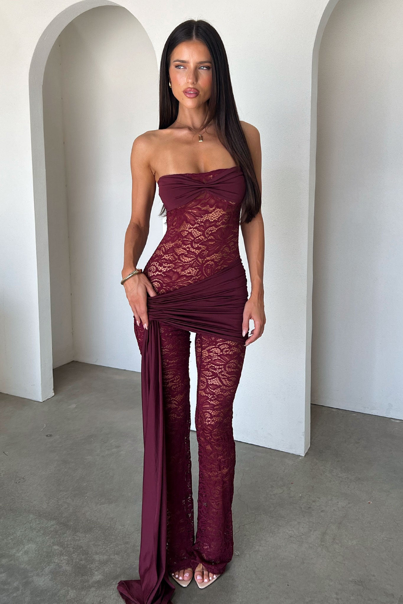 Elle Lace Jumpsuit - Burgundy