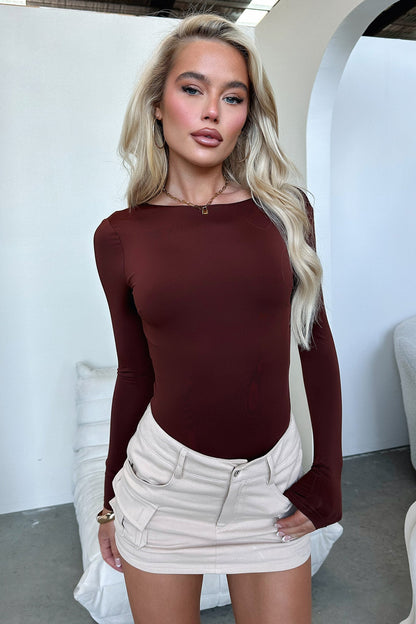 Eve Long Sleeve Backless Bodysuit - Brown
