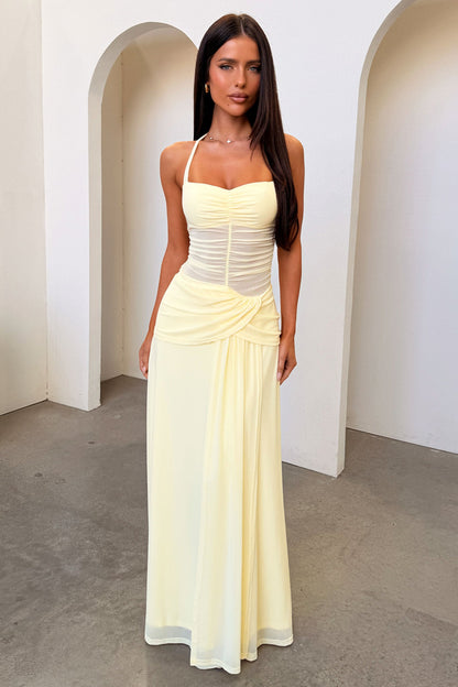 Gabrielle Halterneck Mesh Maxi Dress - Yellow