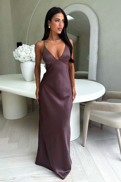 Gilbert V-Neck Satin Maxi Dress - Brown