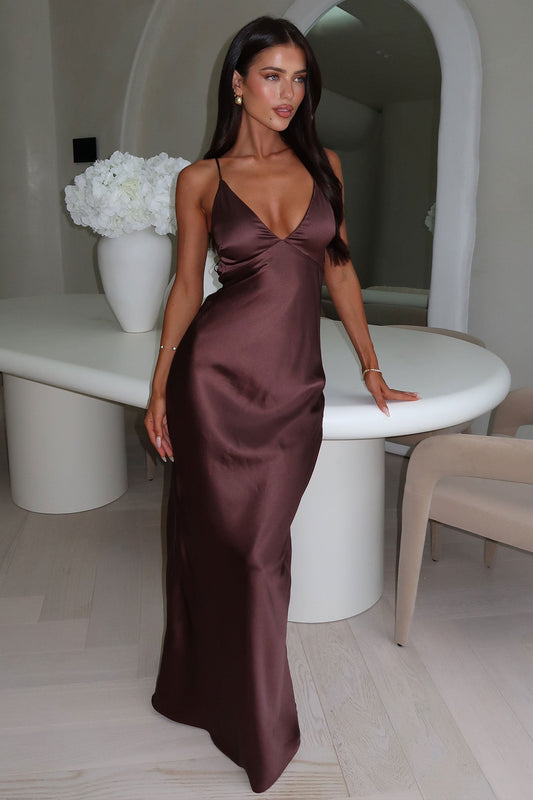 Gilbert V-Neck Satin Maxi Dress - Brown