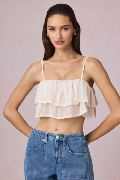 Ruffled Cropped Camisole Top in Ivory