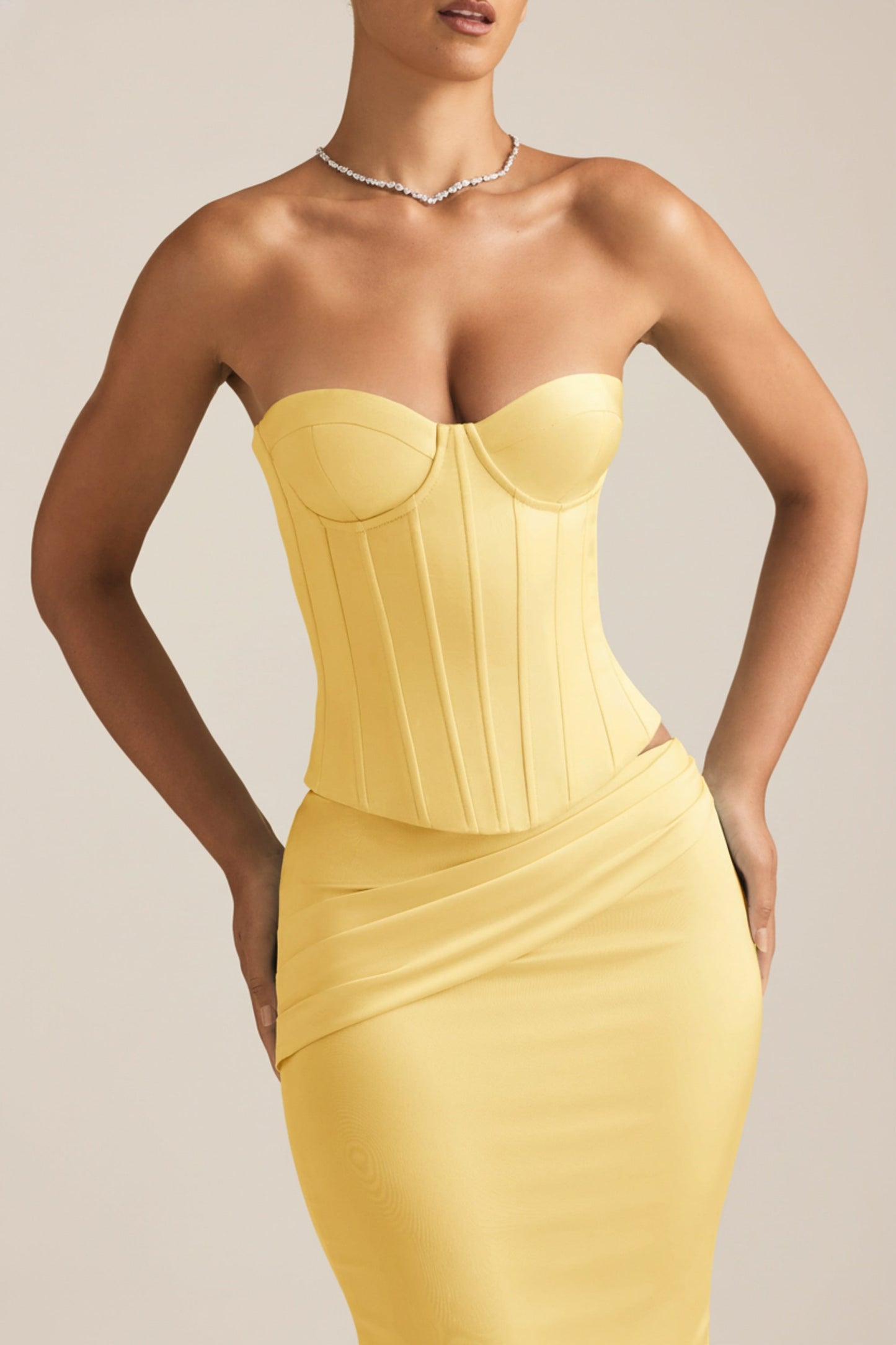 Satin Lace-Up Corset Top in Pastel Yellow