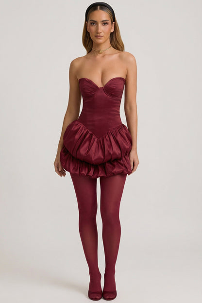Satin Bubble Hem Corset Mini Dress in Wine Red
