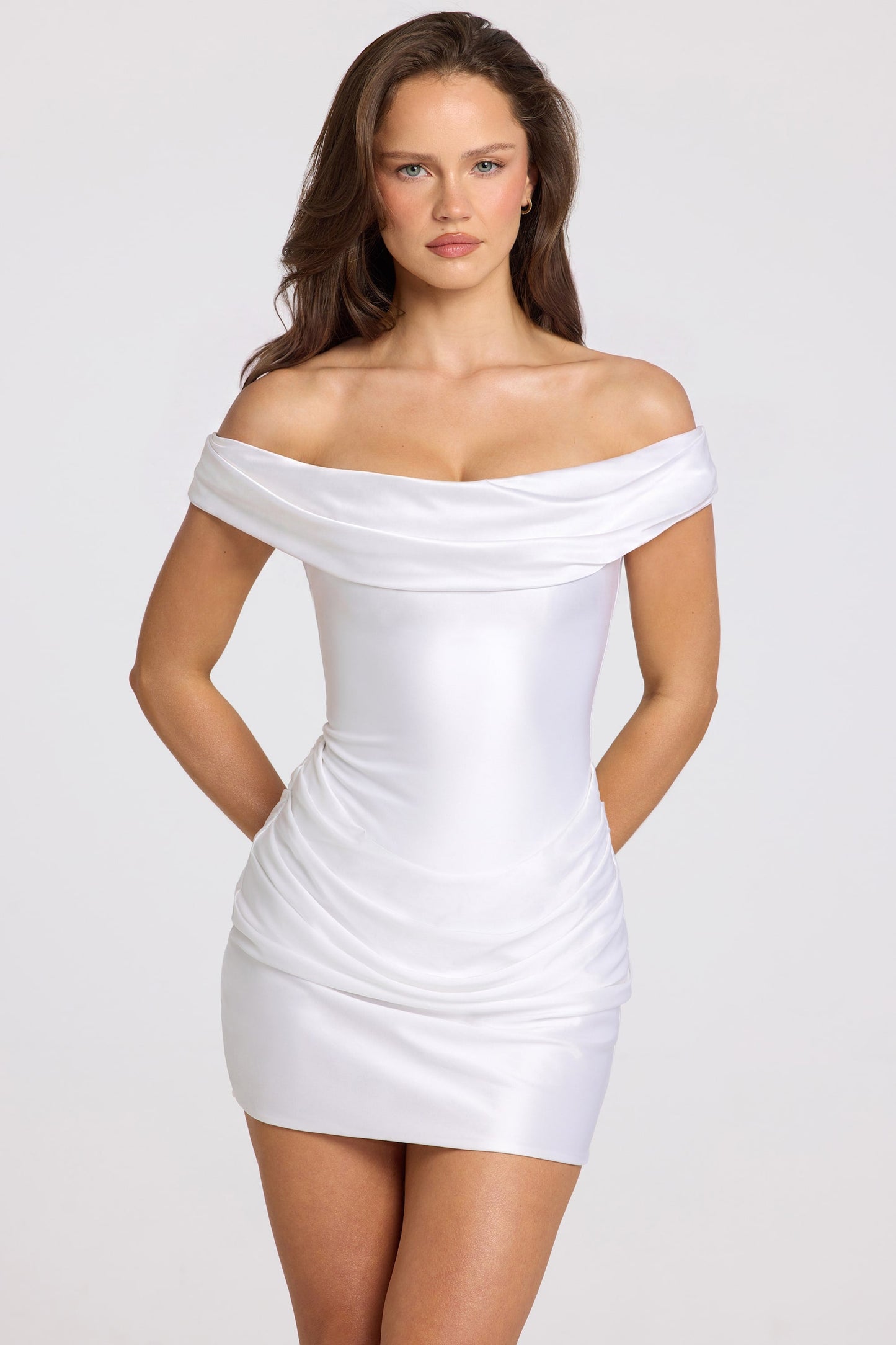 Satin Off-Shoulder Draped Mini Dress in White