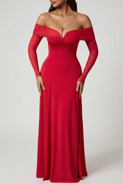 Off-Shoulder Lace-Up A-Line Midaxi Dress in Red